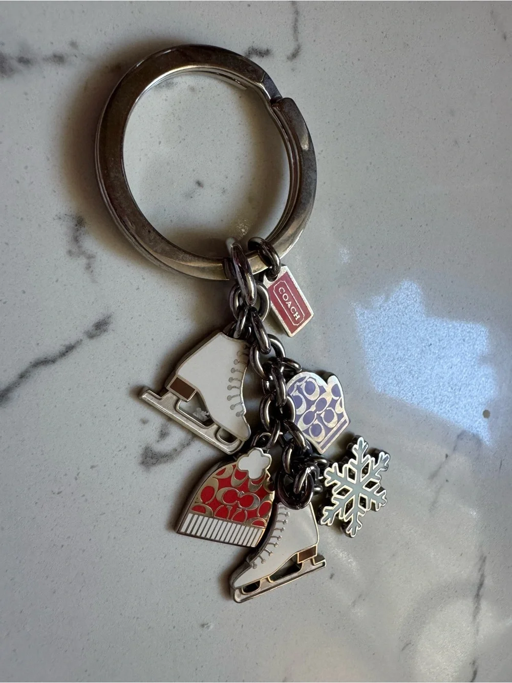 Coach Silver-Tone Winter Charm Keychain with Red, Purple & White Accents